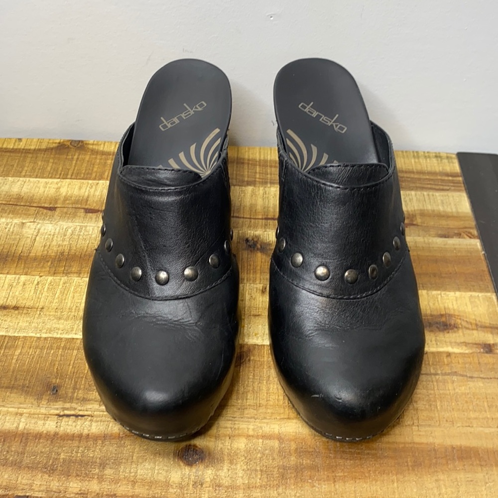 Dansko Black Leather Mules with Stud Accents